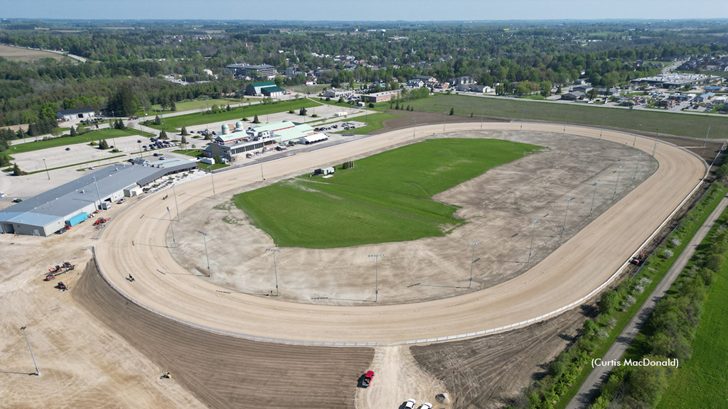 An overhead view of Grand River Raceway as a five-eighths-mile track