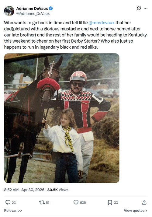 Trainer Cherie DeVaux as a child with her dad and a Standardbred racehorse