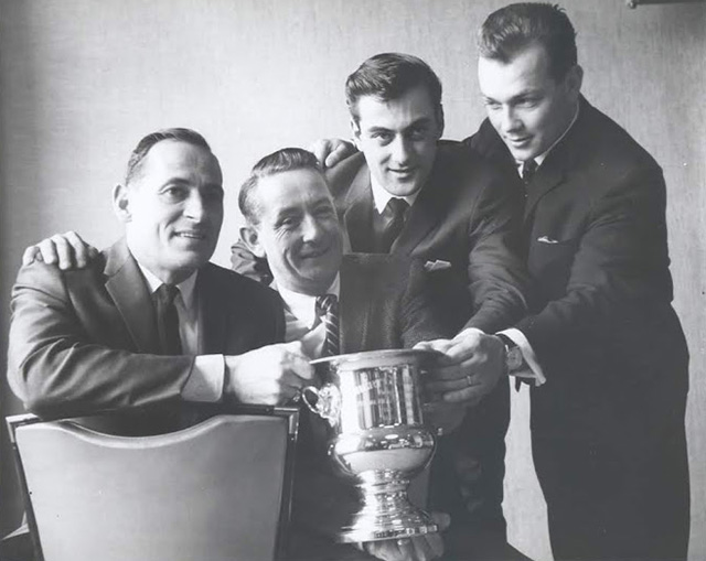 Billy Haughton, Ron Feagan, Gilles Lachance, Bob Farrington hold a trophy