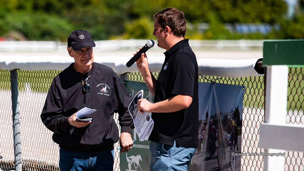 Frank Salive being interviewed Leamington Raceway's track announcer Nathan Bain