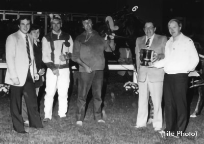 Mystery Skipper and trainer/driver Doug Arthur after a 1984 victory