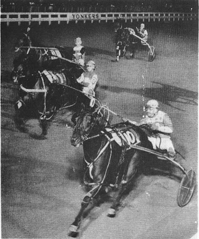 Harness horses racing down the stretch at Yonkers