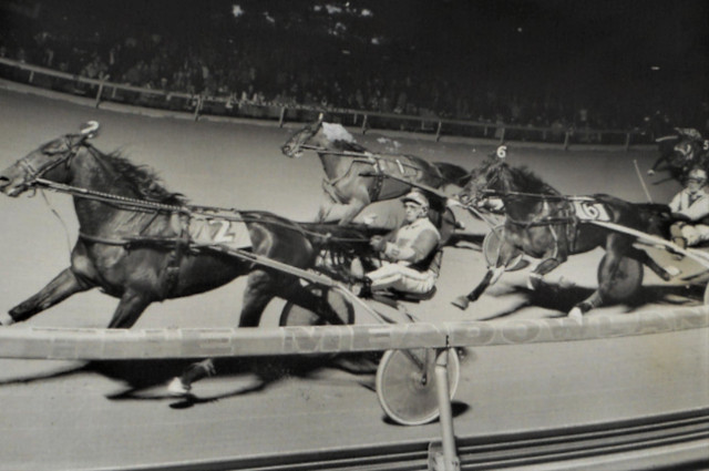 Harness horses racing down a track