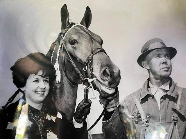A man and a woman holding a horse's head