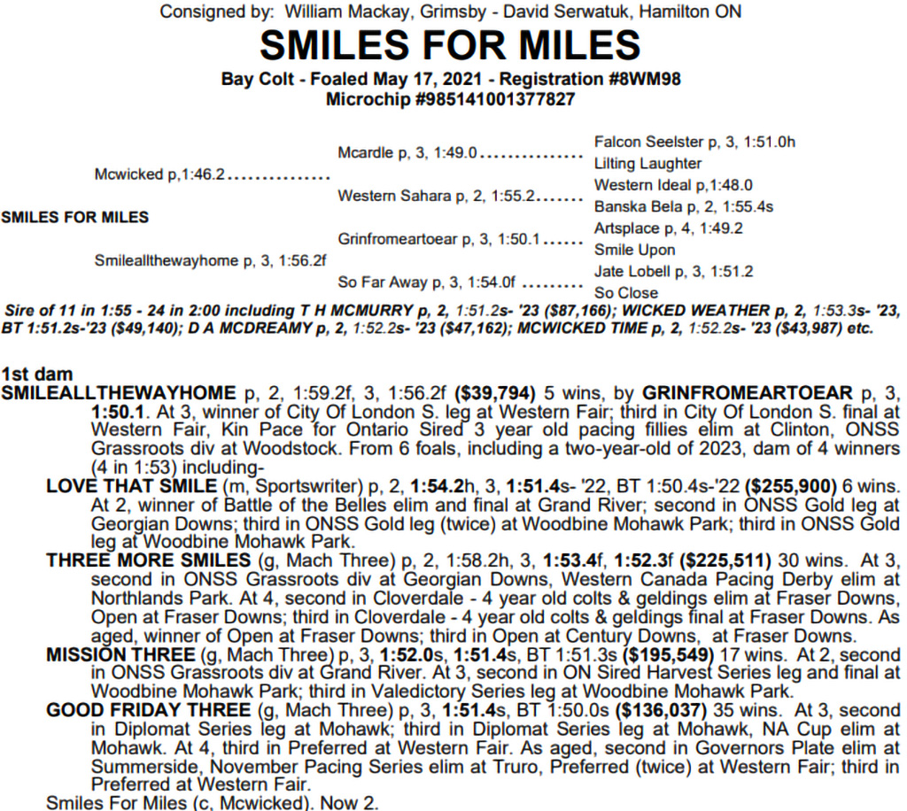 Smiles For Miles pedigree page