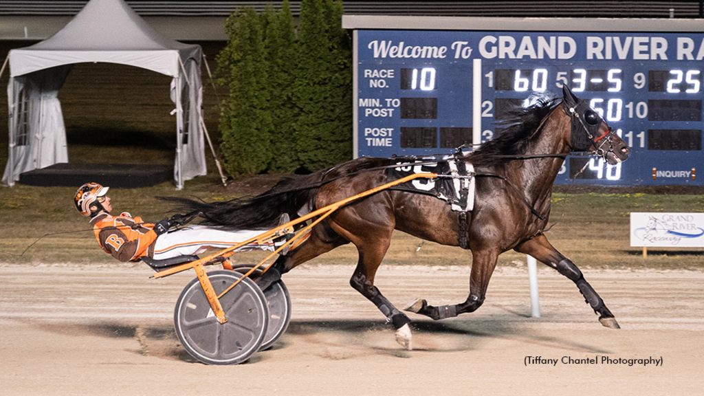 Tyler Borth driving his fifth winner Aracanum on Friday's card at Grand River Raceway