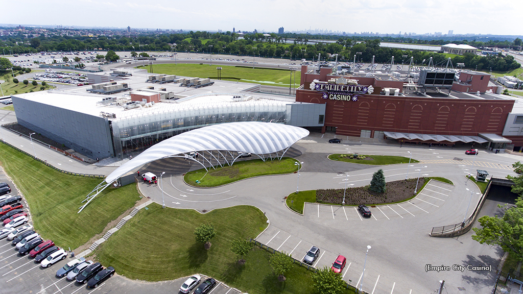 An aerial view of the entrance to Yonkers Raceway