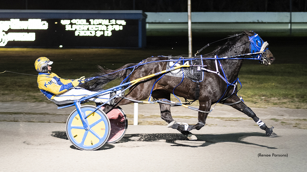 Driver Kody Massey winning with the Elizabeth Tolley-trained Anoche in November at Northville Downs
