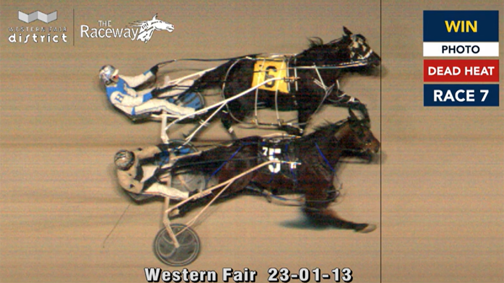 Black Betty and Dan Dar Mal in a dead-heat victory at Western Fair Raceway