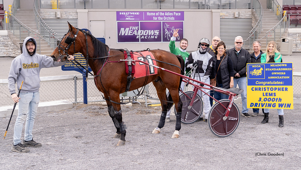 Chris Lems celebrates his 3,000th career driving win at The Meadows