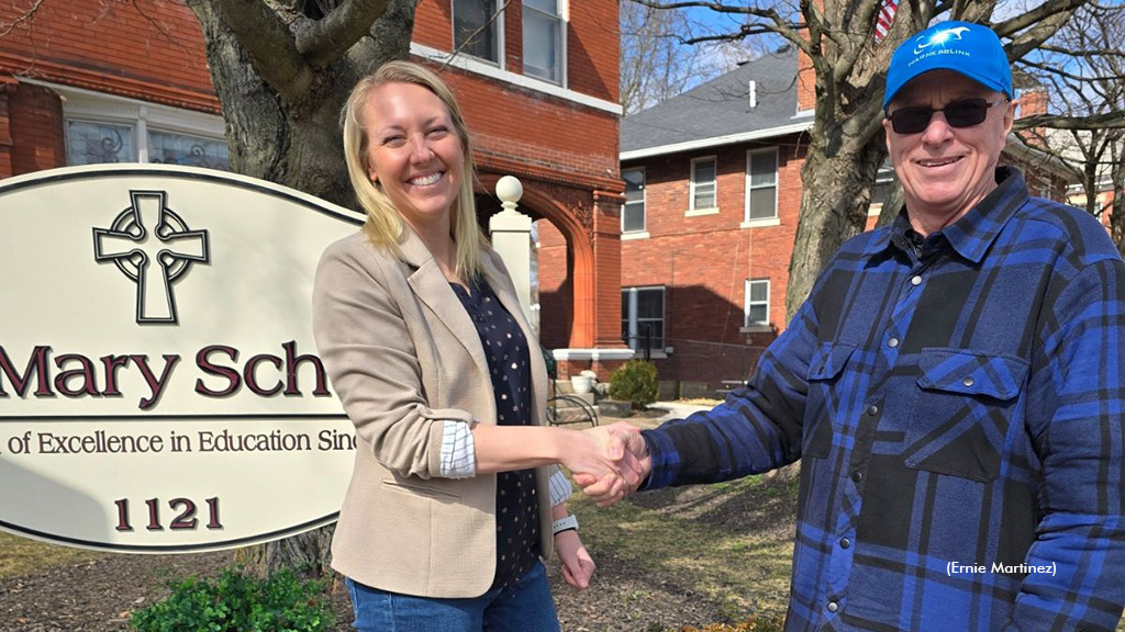 John Curtin meets St. Mary School principal Miranda Chaplin