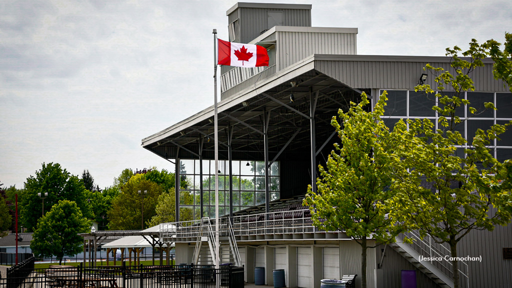 Clinton Raceway's grandstand in 2024, prior to a planned rebuild