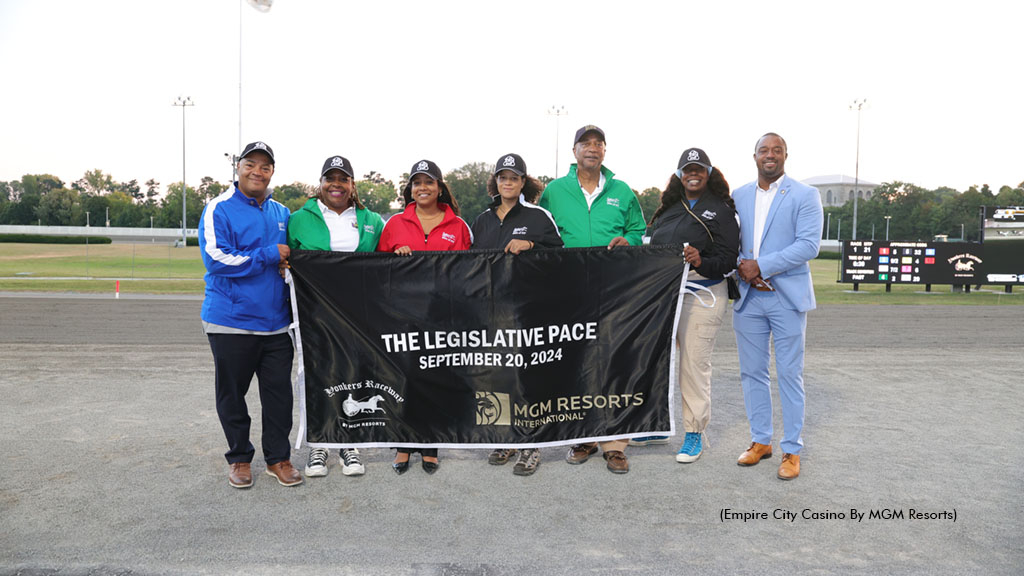  L to R: New York State Assembly Members Eddie Gibbs, Stefani Zinerman, Amanda Septimo, Michaelle Solages, J. Gary Pretlow, Latrice Walker and Landon Dais