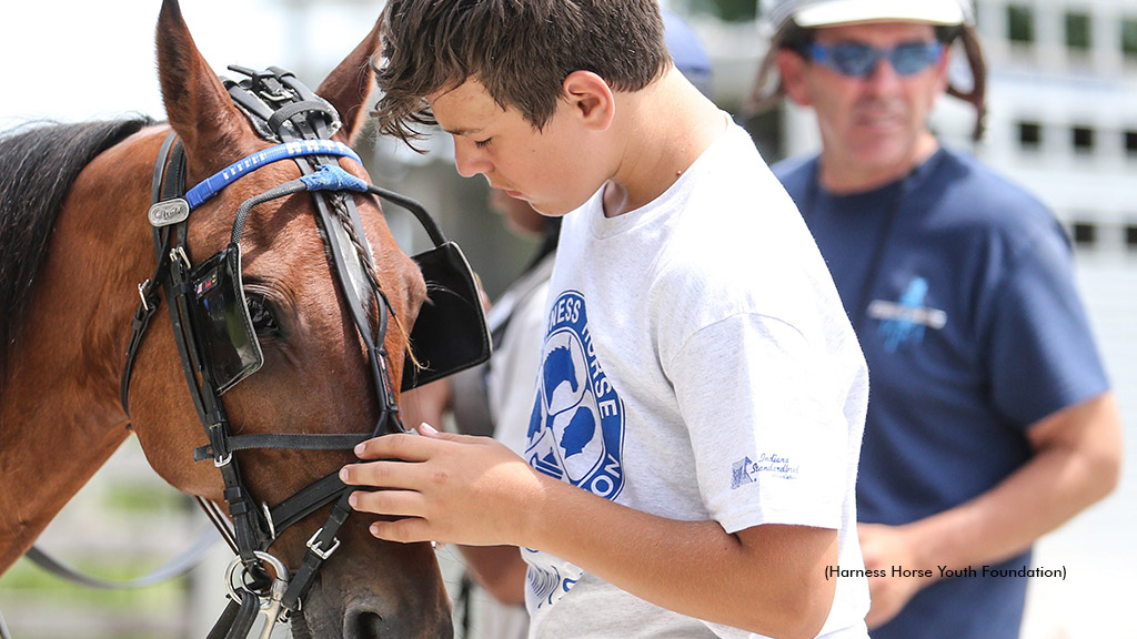 A youth interacts with a Standardbred at a Harness Horse Youth Foundation event