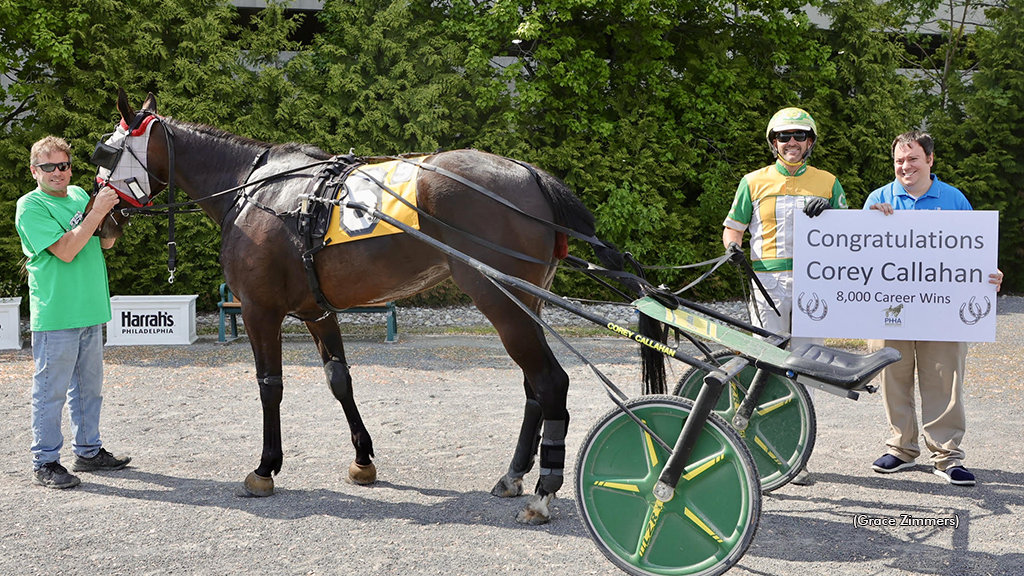 Corey Callahan celebrates his 8,000th career win in the Harrah's Philadelphia winner's circle