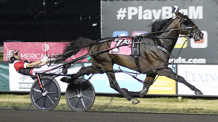 Bulldog Hanover winning in 1:45.4 at Meadowlands Racetrack