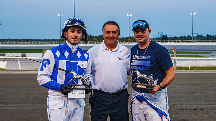 Kawartha Downs leading driver Samuel Fillion (left) and trainer Tommy Riley (right) with General Manager Jim Huck