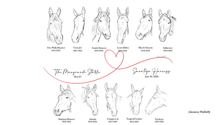 A memorial drawing of the horses from Robyn Mangiardi Stable that perished in the June 16 barn fire at Saratoga Raceway